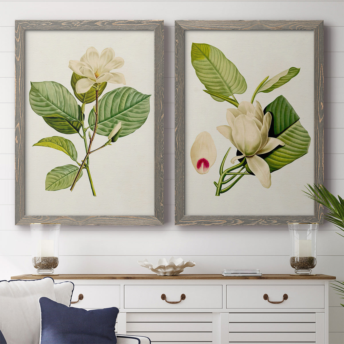 Set of two gray barnwood framed canvas prints depicting a coordinated art pair of white magnolia blossoms and glossy green leaves rendered as traditional botanical paintings above a dining room sideboard.