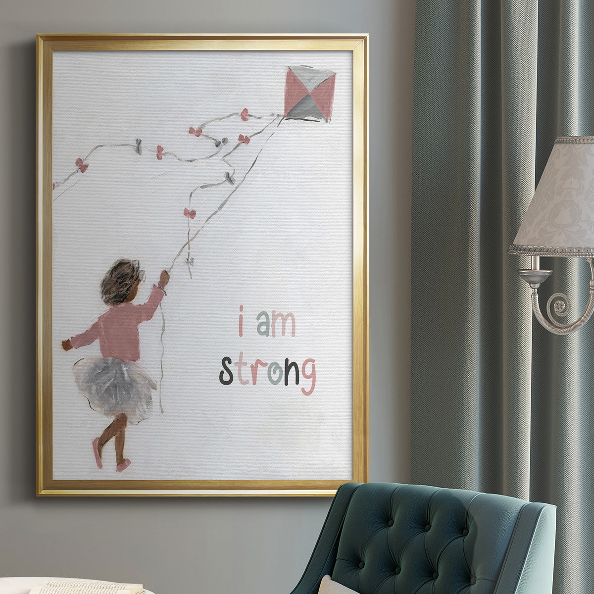 Girl Flying Kite - Modern Framed Canvas Print