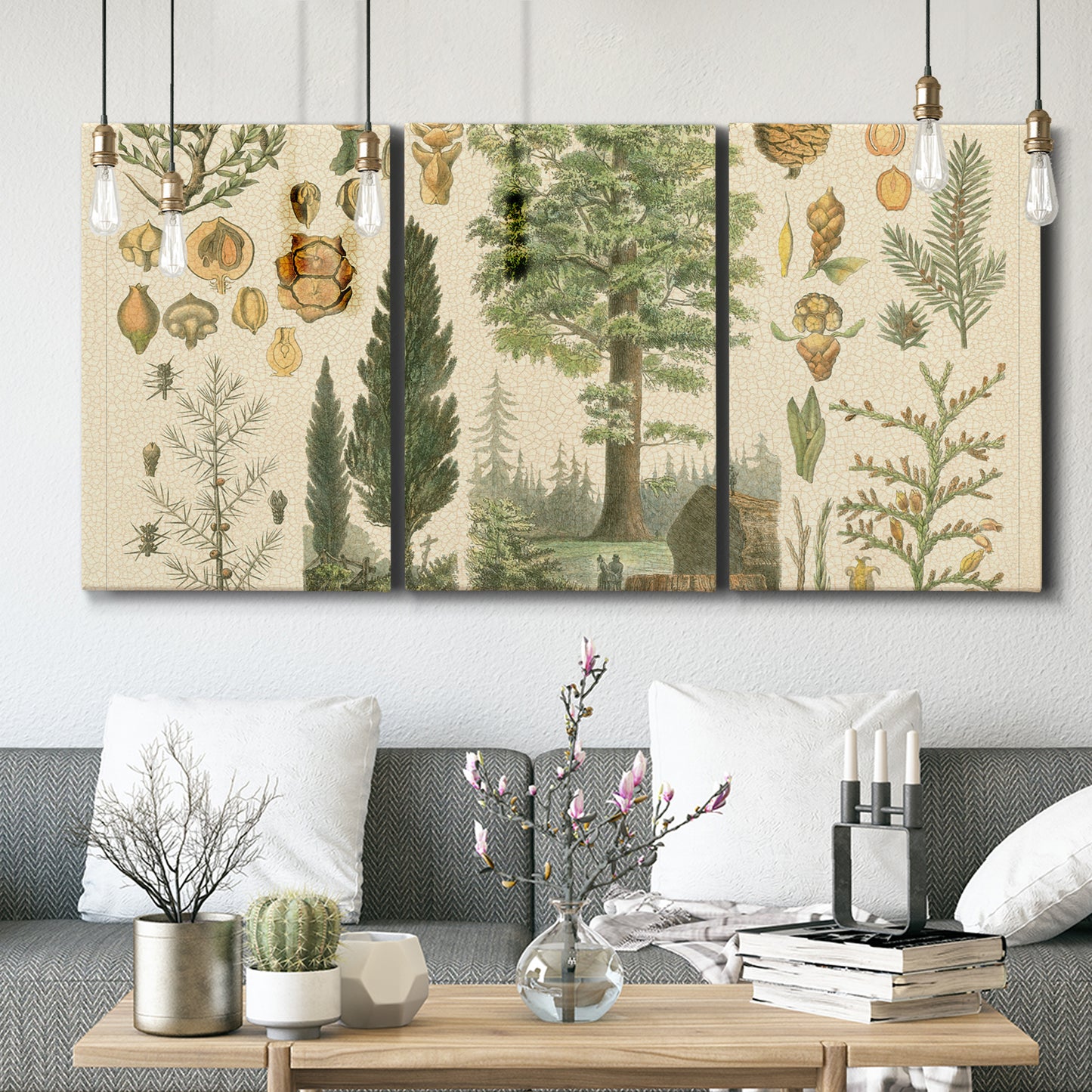 Three-panel canvas wall art featuring vintage floral botanical collage, displayed in a modern living room above seating.