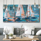 Three-panel canvas wall art featuring graphic pop style sailboats, displayed in a modern living room above seating.