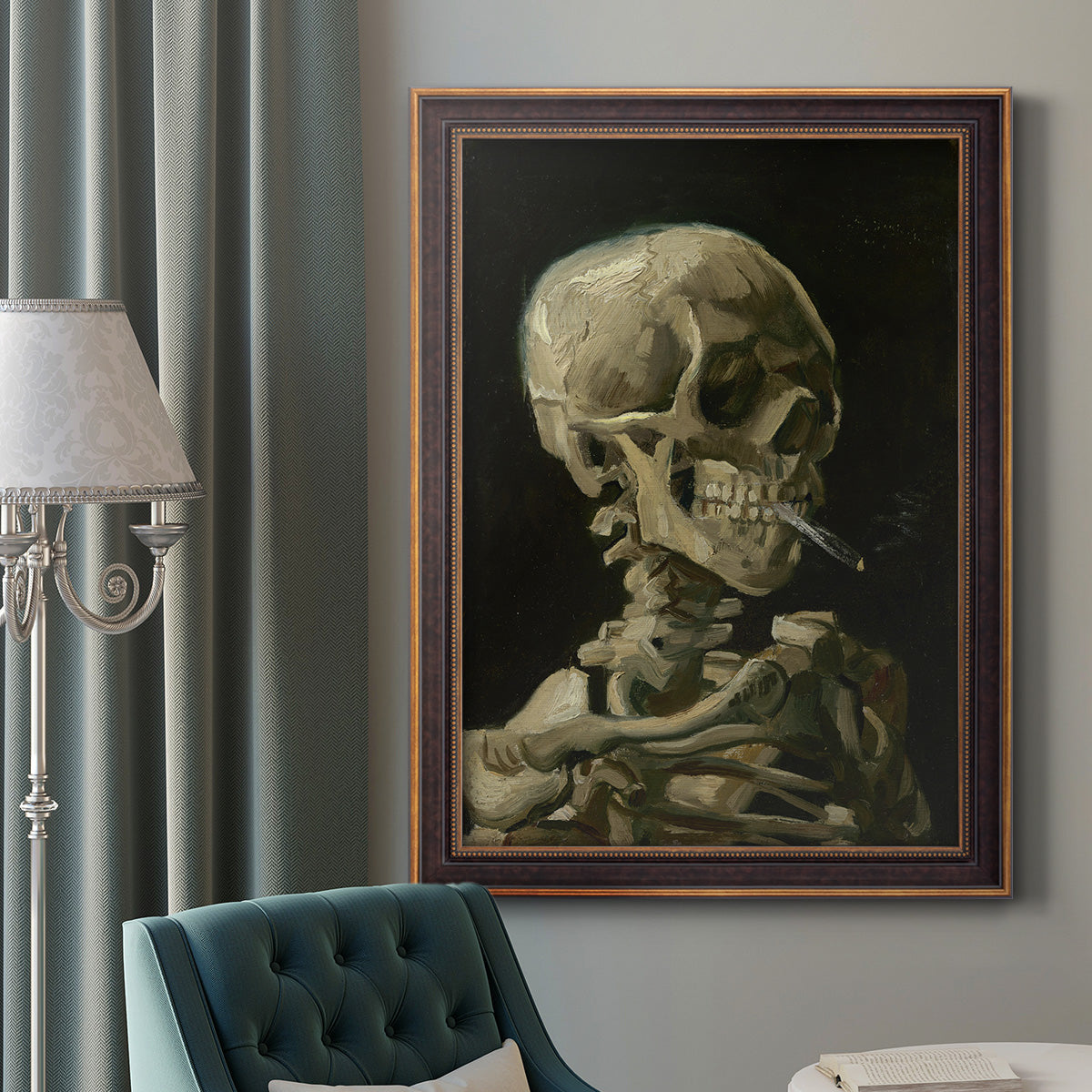 Head of a Skeleton with a Burning Cigarette - Ornate Framed Canvas Print