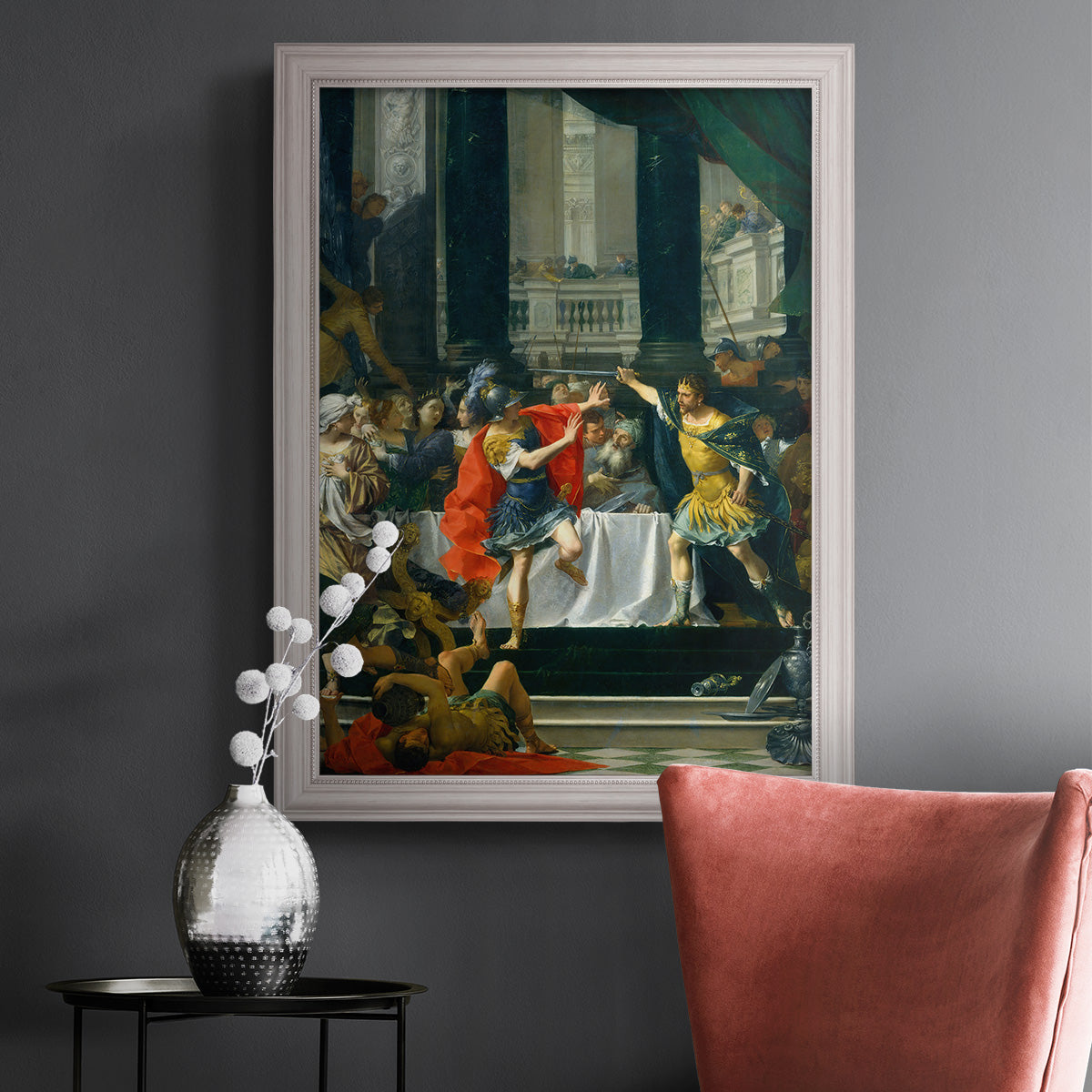 Classical historical painting of Alexander the Great by Donato Creti in an ornate weathered white frame displayed in a dark-toned interior setting.