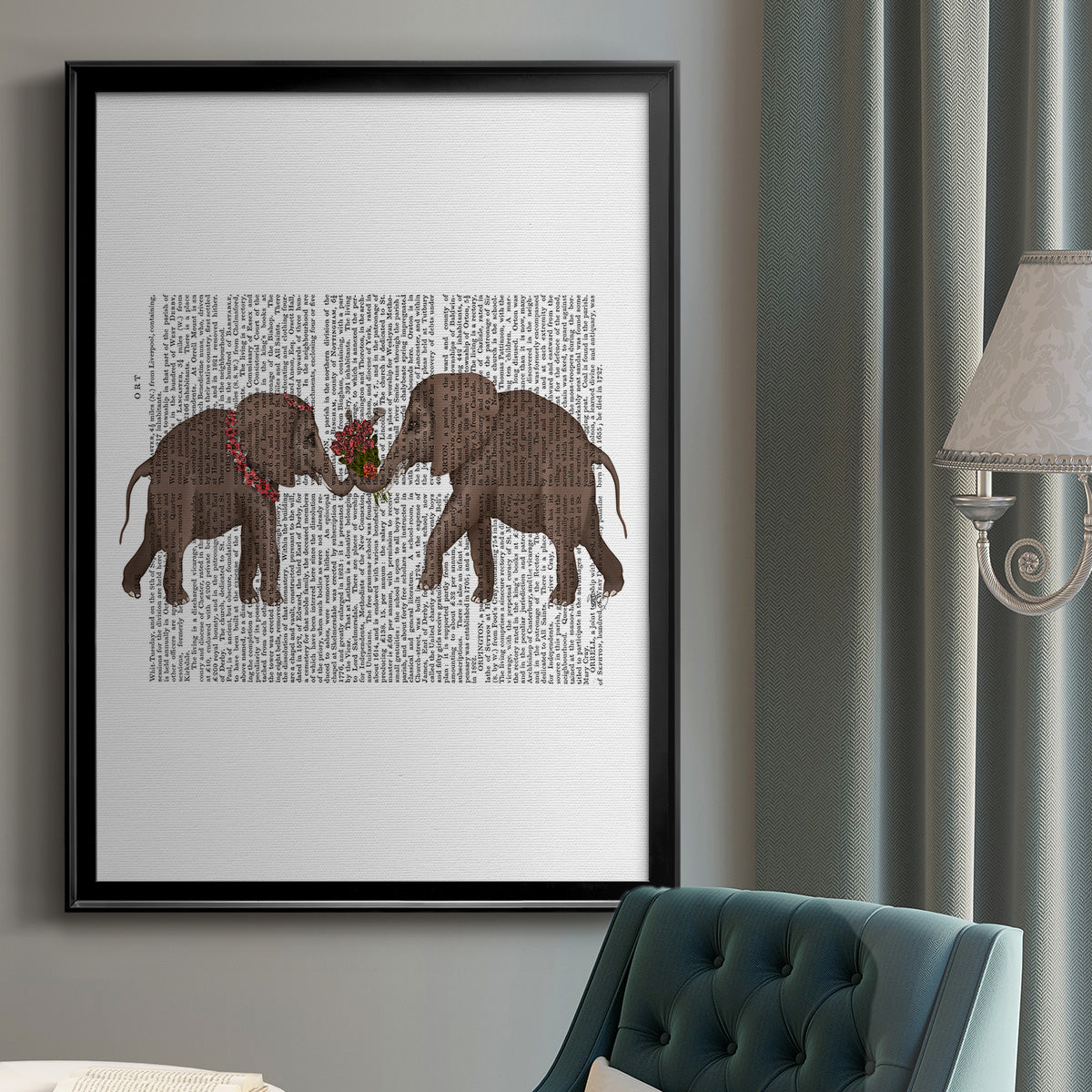 Elephant Bouquet, Landscape - Modern Framed Canvas Print