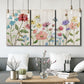 Three-panel canvas wall art featuring delicate wildflower illustration, displayed in a modern living room above seating.