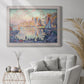 Impressionist Mediterranean harbor painting by Paul Signac in an ornate weathered white frame displayed in a bright interior setting.