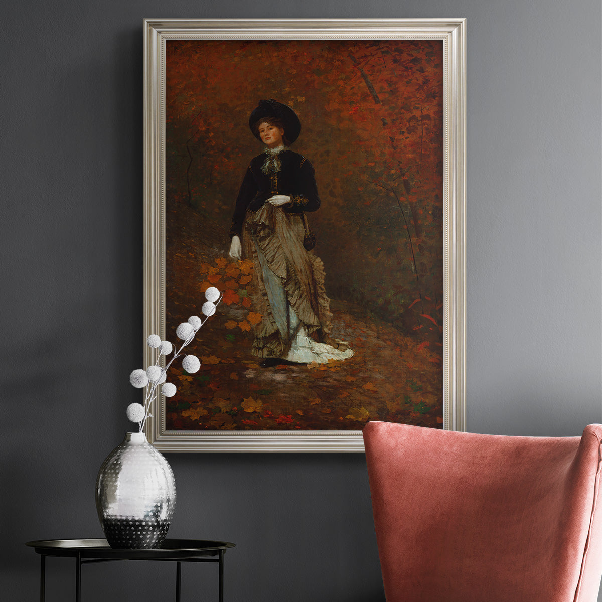 Realist autumn portrait scene by Winslow Homer in an ornate champagne frame displayed in a dark-toned interior setting.