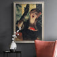 Impressionist portrait of a café singer by Edgar Degas in an ornate champagne frame displayed in a dark-toned interior setting.