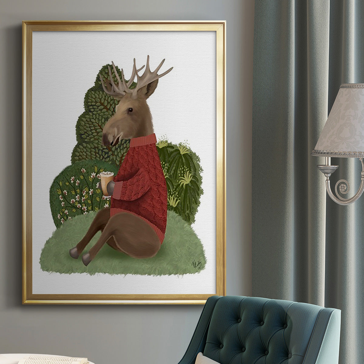 Latte Moose in Sweater - Modern Framed Canvas Print