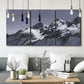 Three-panel canvas wall art featuring moonlit mountain peaks under night sky, displayed in a modern living room above seating.