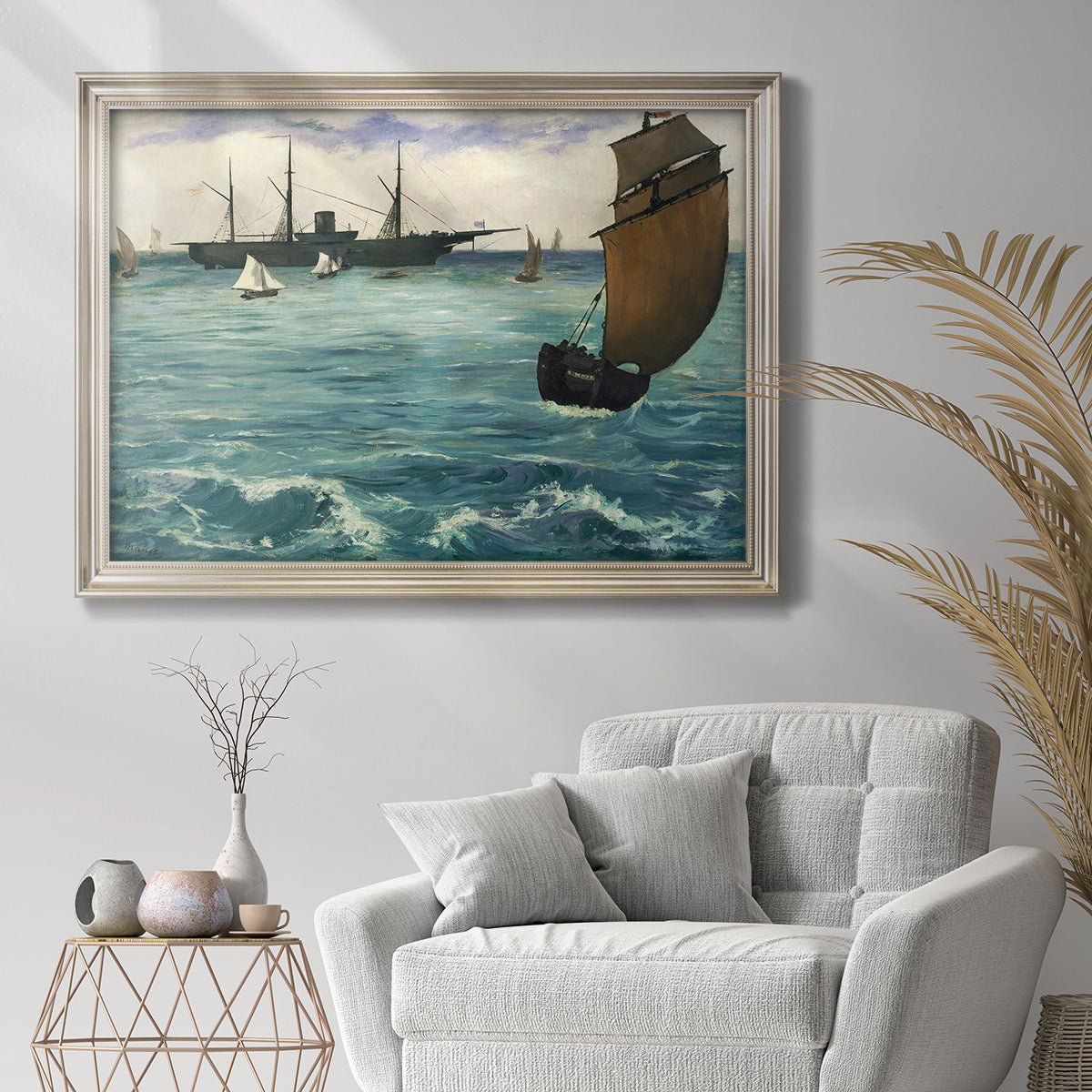 Impressionist naval seascape with the Kearsarge by Édouard Manet in an ornate champagne frame displayed in a bright interior setting.