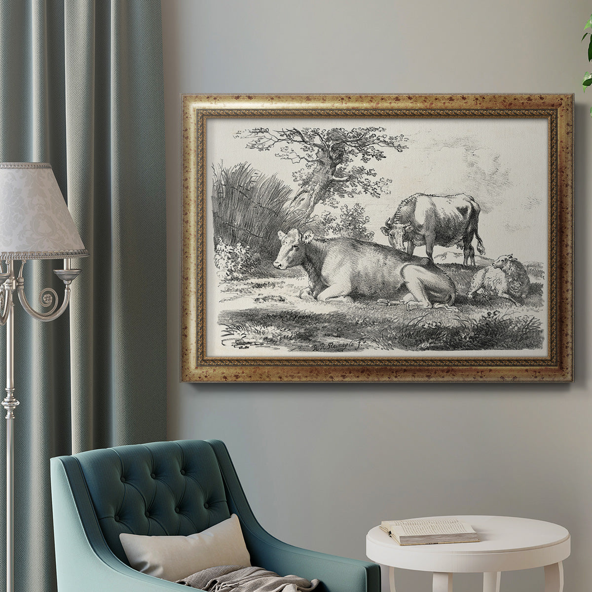 Classical pastoral landscape artwork by Nicolas Berchem in an ornate vintage gold frame displayed in a neutral interior setting.