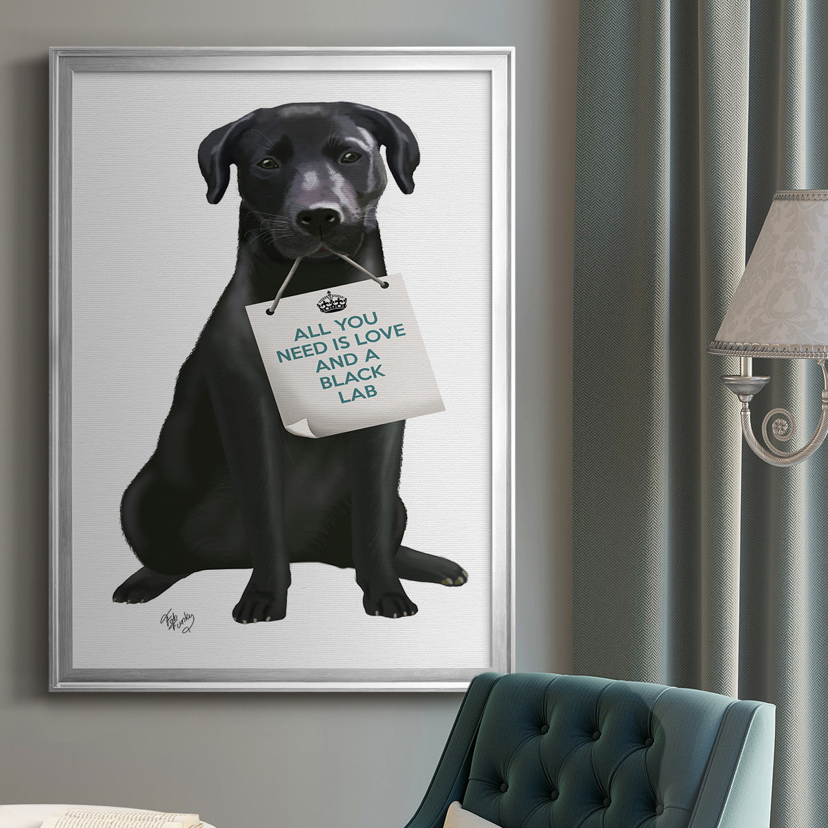 Love and Black Labrador - Modern Framed Canvas Print