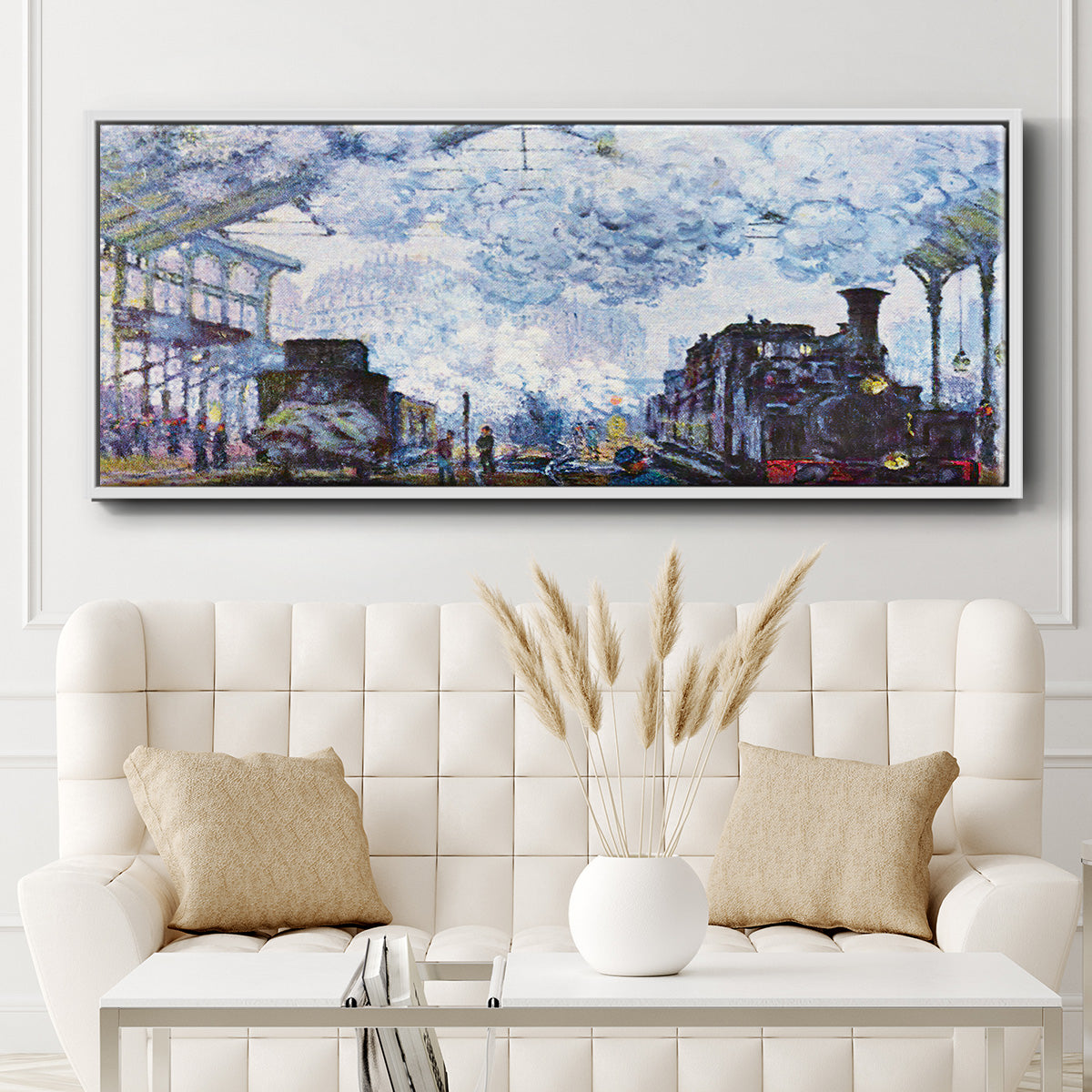 Saint Lazare Station in Paris, Arrival of a Train - Floater Framed Canvas Print