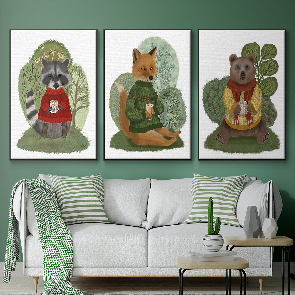 Hot Chocolate Bear - Framed Premium Gallery Wrapped Canvas L Frame 3 Piece Set - Ready to Hang