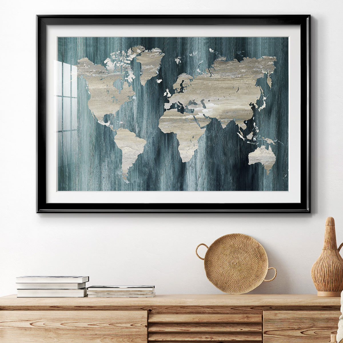 Navy World Map Premium Framed Print - Ready to Hang