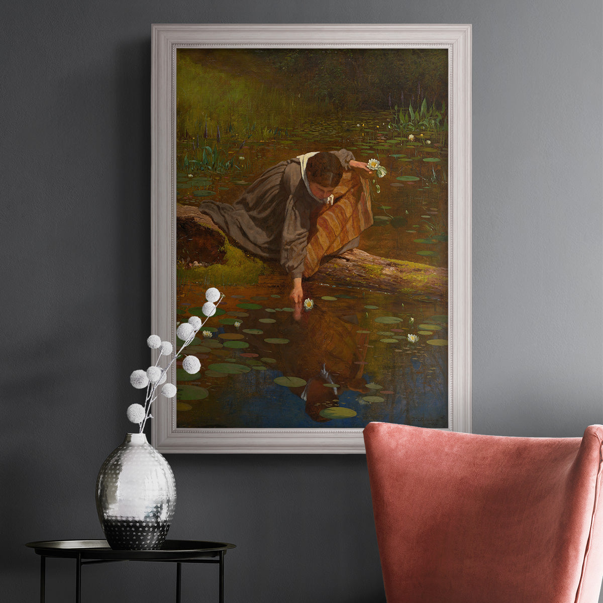 Realist genre painting of figures gathering lilies by Eastman Johnson in an ornate weathered white frame displayed in a dark-toned interior setting.