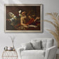 Classical religious painting of Saint Jerome with an angel by Simon Vouet in an ornate champagne frame displayed in a bright interior setting.
