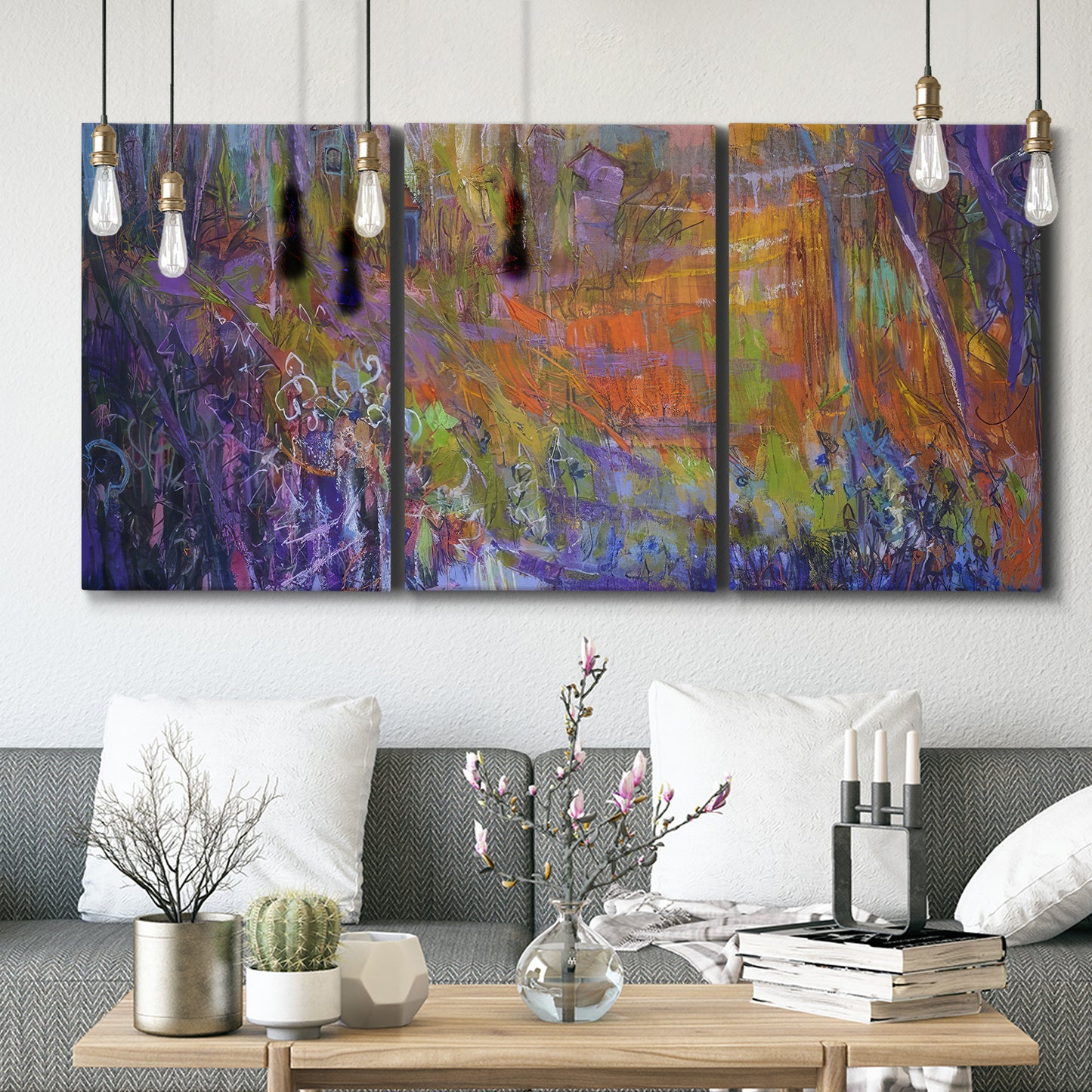 Three-panel canvas wall art featuring abstract rainfall with butterfly forms, displayed in a modern living room above seating.