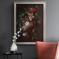Classical floral still life painting by Jan van Huysum in an ornate champagne frame displayed in a dark-toned interior setting.