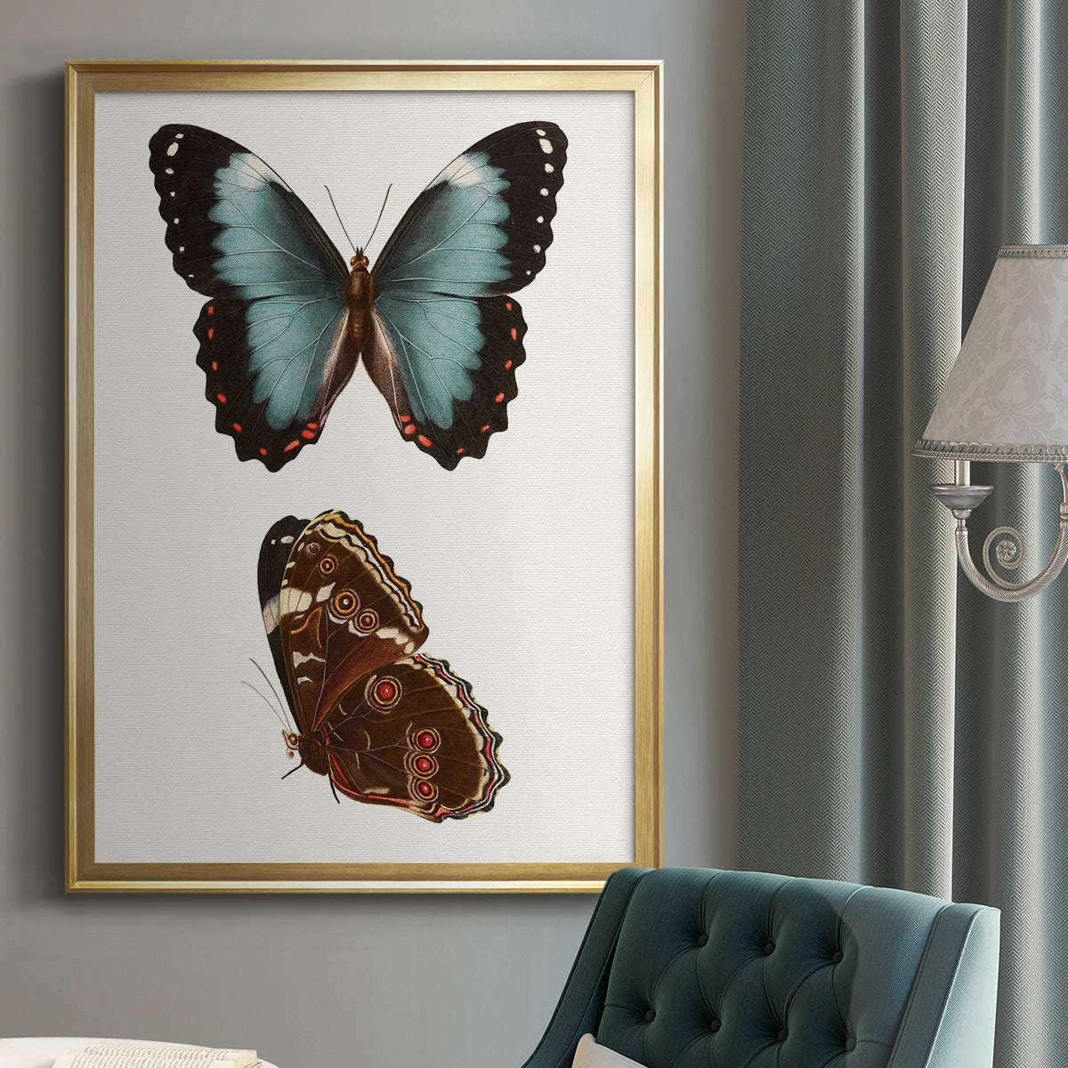 Antique Blue Butterflies IV - Modern Framed Canvas Print