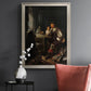 Classical portrait of a soldier smoking a pipe by Frans van Mieris the Elder in an ornate champagne frame displayed in a dark-toned interior setting.