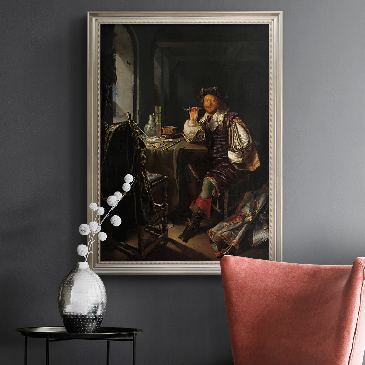 Classical portrait of a soldier smoking a pipe by Frans van Mieris the Elder in an ornate champagne frame displayed in a dark-toned interior setting.