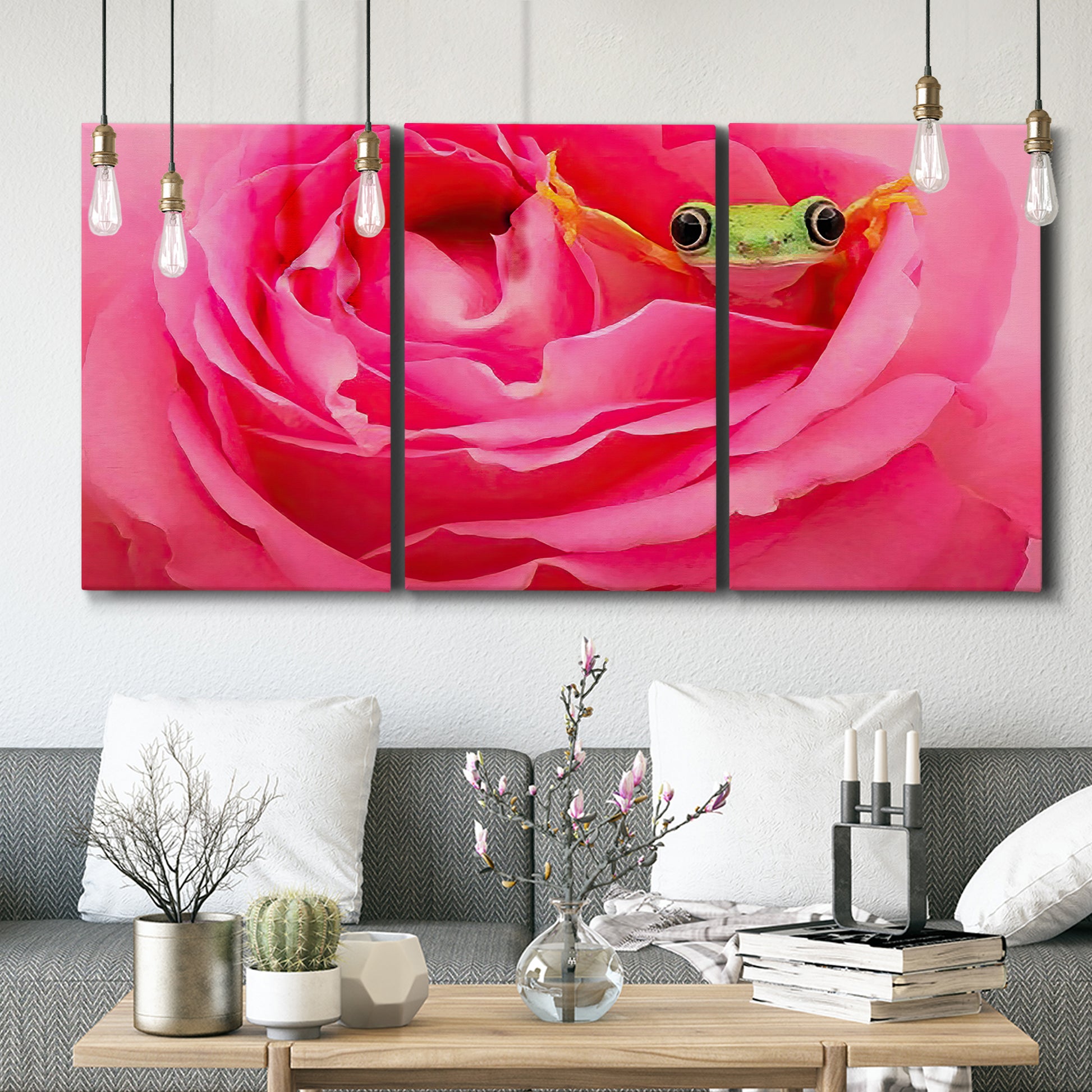 Three-panel canvas wall art featuring animal photography with floral elements, displayed in a modern living room above seating.
