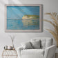 Impressionist coastal low-tide seascape at Pourville by Claude Monet in an ornate weathered white frame displayed in a bright interior setting.