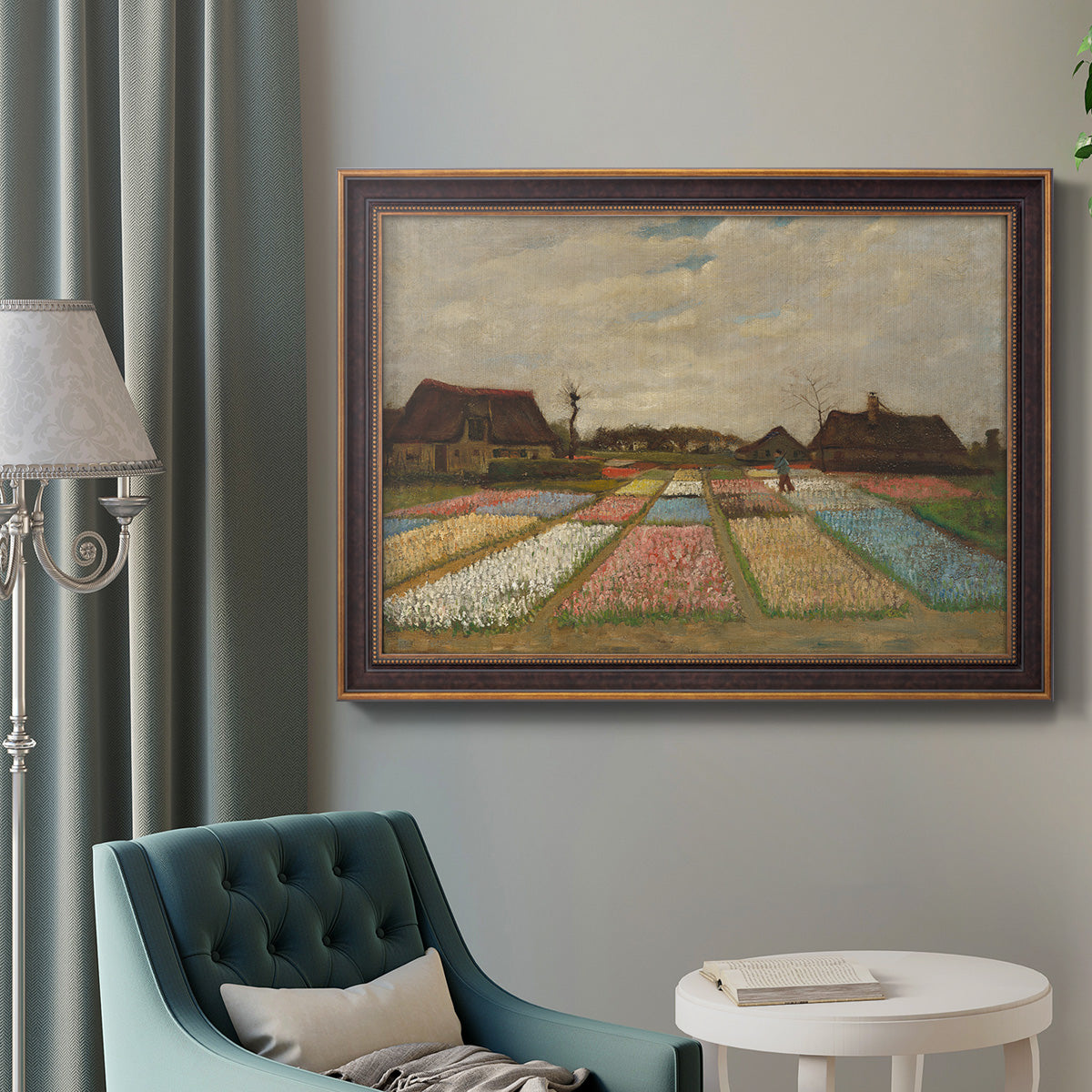 Impressionist Dutch bulb field landscape by Vincent van Gogh in an ornate bronzed mahogany wood frame displayed in a bright interior setting.