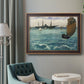 Impressionist naval seascape with the Kearsarge by Édouard Manet in an ornate bronzed mahogany wood frame displayed in a bright interior setting.