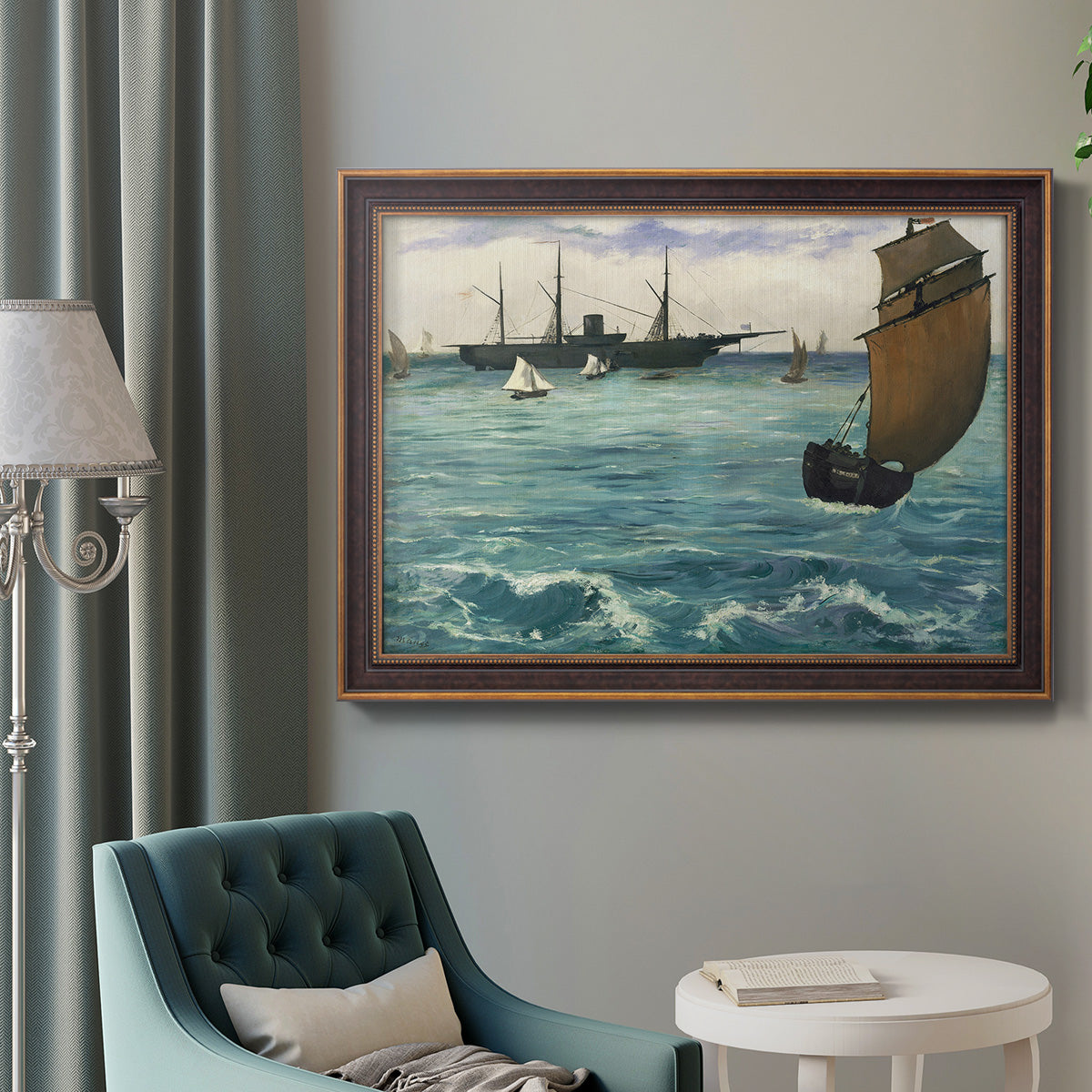 Impressionist naval seascape with the Kearsarge by Édouard Manet in an ornate bronzed mahogany wood frame displayed in a bright interior setting.
