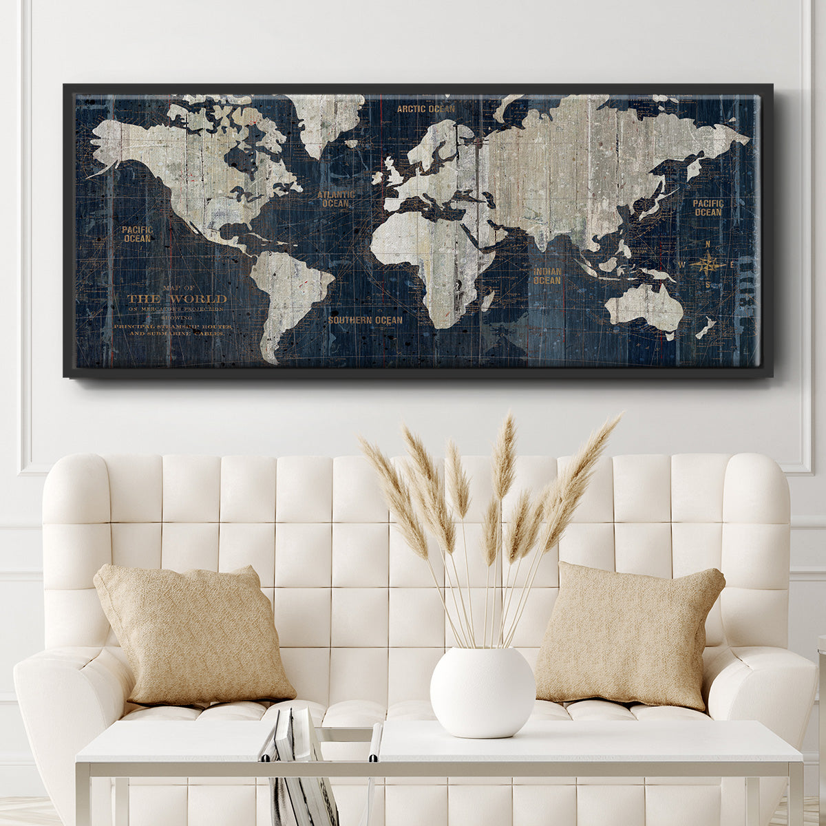 Old World Map Blue - Floater Framed Canvas Print