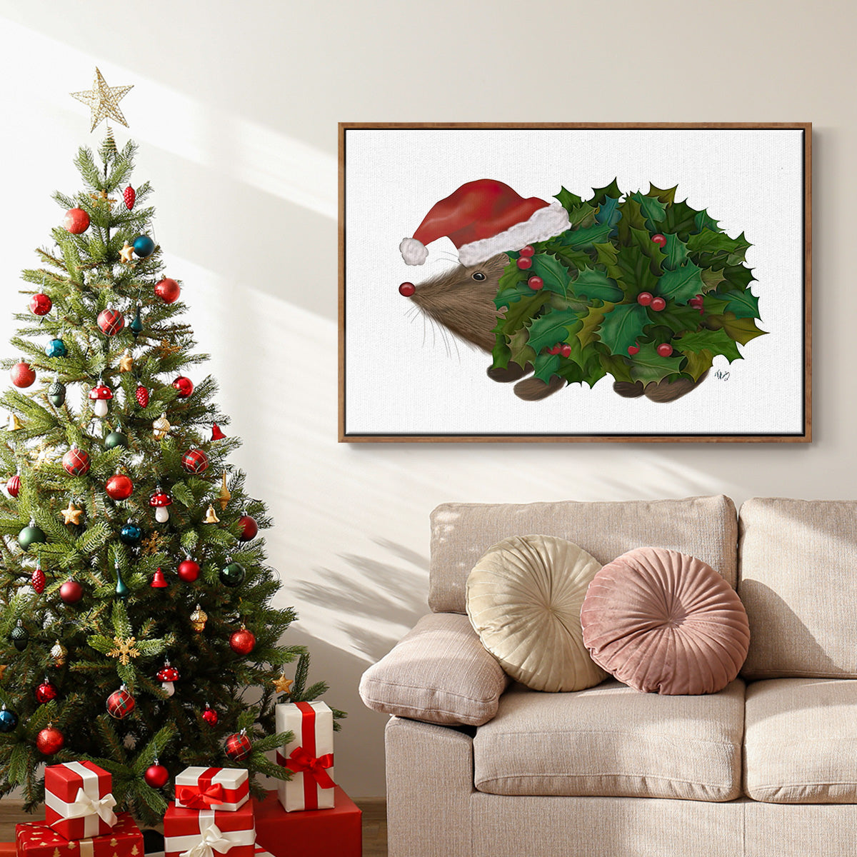 Christmas Holly Hedgehog - Framed Gallery Wrapped Canvas in Floating Frame