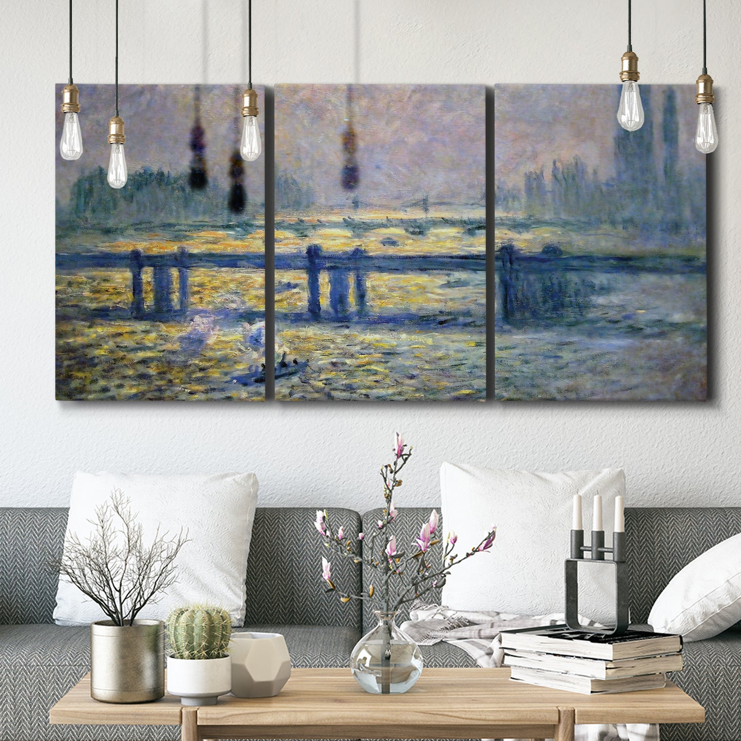 Three-panel canvas wall art featuring london bridge crossing wide river, displayed in a modern living room above seating.