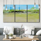Three-panel canvas wall art featuring abstract terrace landscape view, displayed in a modern living room above seating.