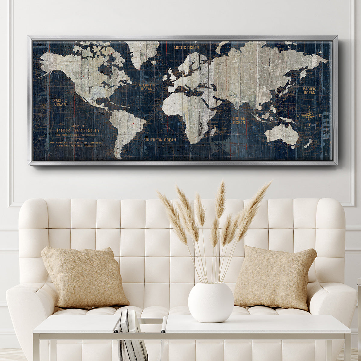 Old World Map Blue - Floater Framed Canvas Print