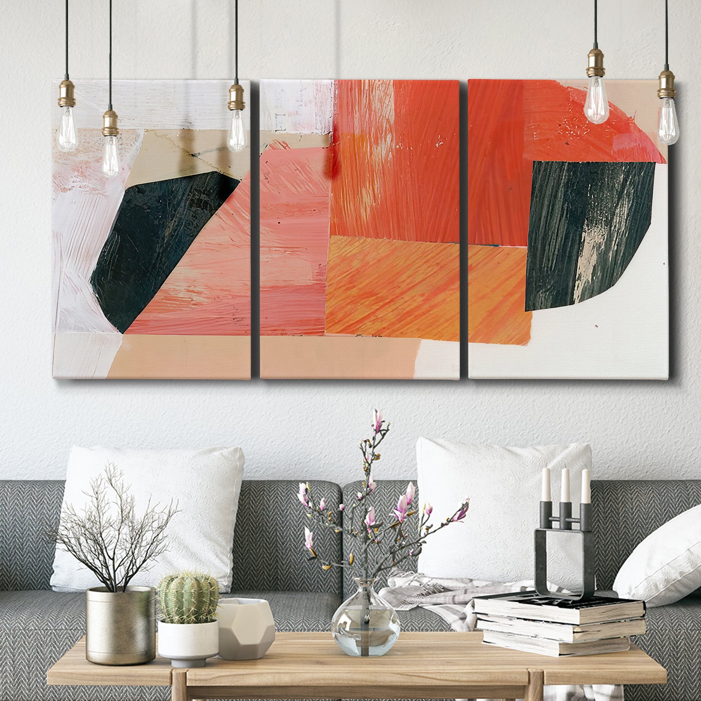 Three-panel canvas wall art featuring bold pink mid century abstract portal, displayed in a modern living room above seating.