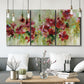 Three-panel canvas wall art featuring colorful floral garden composition, displayed in a modern living room above seating.