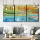 Three-panel canvas wall art featuring abstract sense of forward movement, displayed in a modern living room above seating.