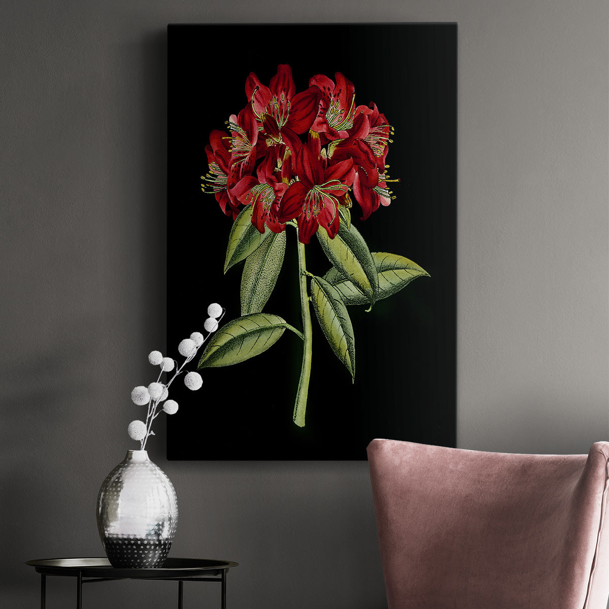 Crimson Flowers on Black (A) II Premium Gallery Wrapped Canvas - Ready to Hang