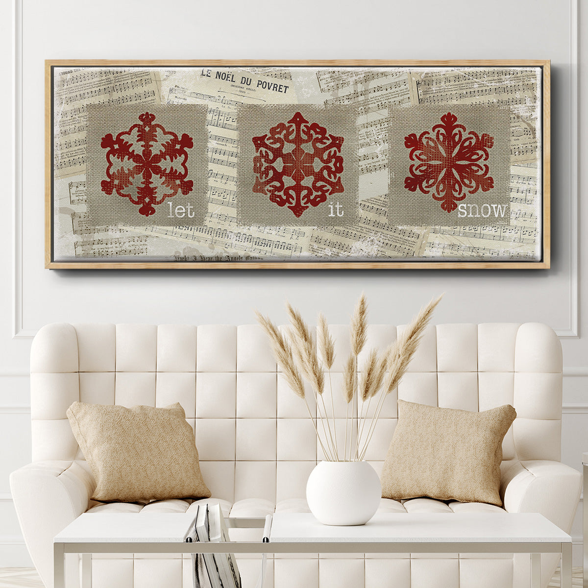 Burlap Music Snowflakes - Floater Framed Canvas Print