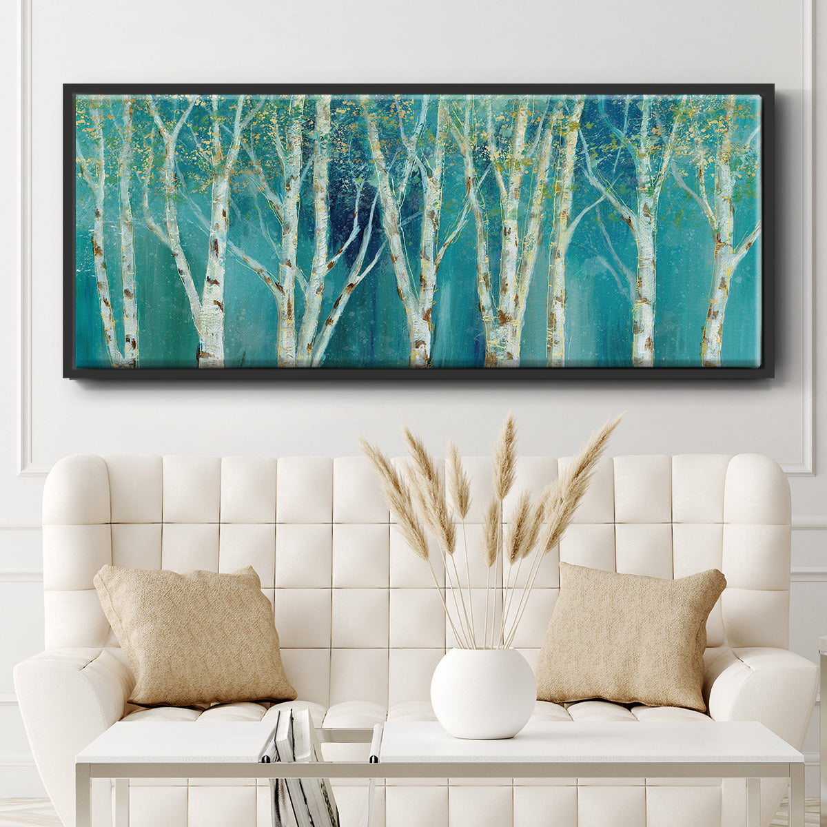Birch on Blue - Floater Framed Canvas Print