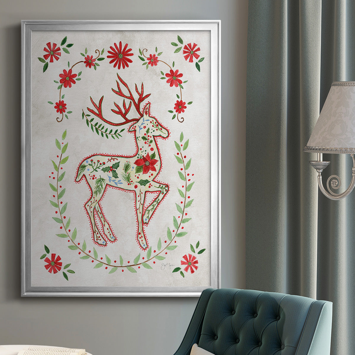 Christmas Folk Reindeer - Modern Framed Canvas Print