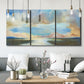 Three-panel canvas wall art featuring dawn light breaking over water, displayed in a modern living room above seating.