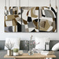 Three-panel canvas wall art featuring overlapping mid century geometric shapes, displayed in a modern living room above seating.