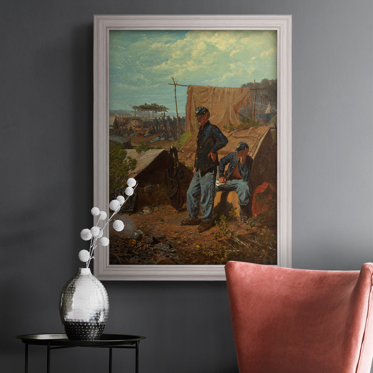 American genre scene of domestic life by Winslow Homer in an ornate weathered white frame displayed in a dark-toned interior setting.
