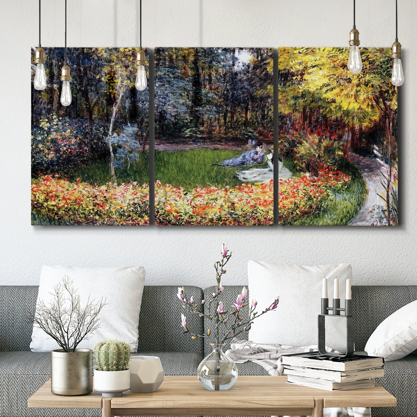 Three-panel canvas wall art featuring garden in full bloom by coast, displayed in a modern living room above seating.