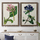 Set of two walnut barnwood framed canvas prints depicting a coordinated art pair of colorful flowering plant specimens rendered as antique botanical plate illustrations above a dining room sideboard.