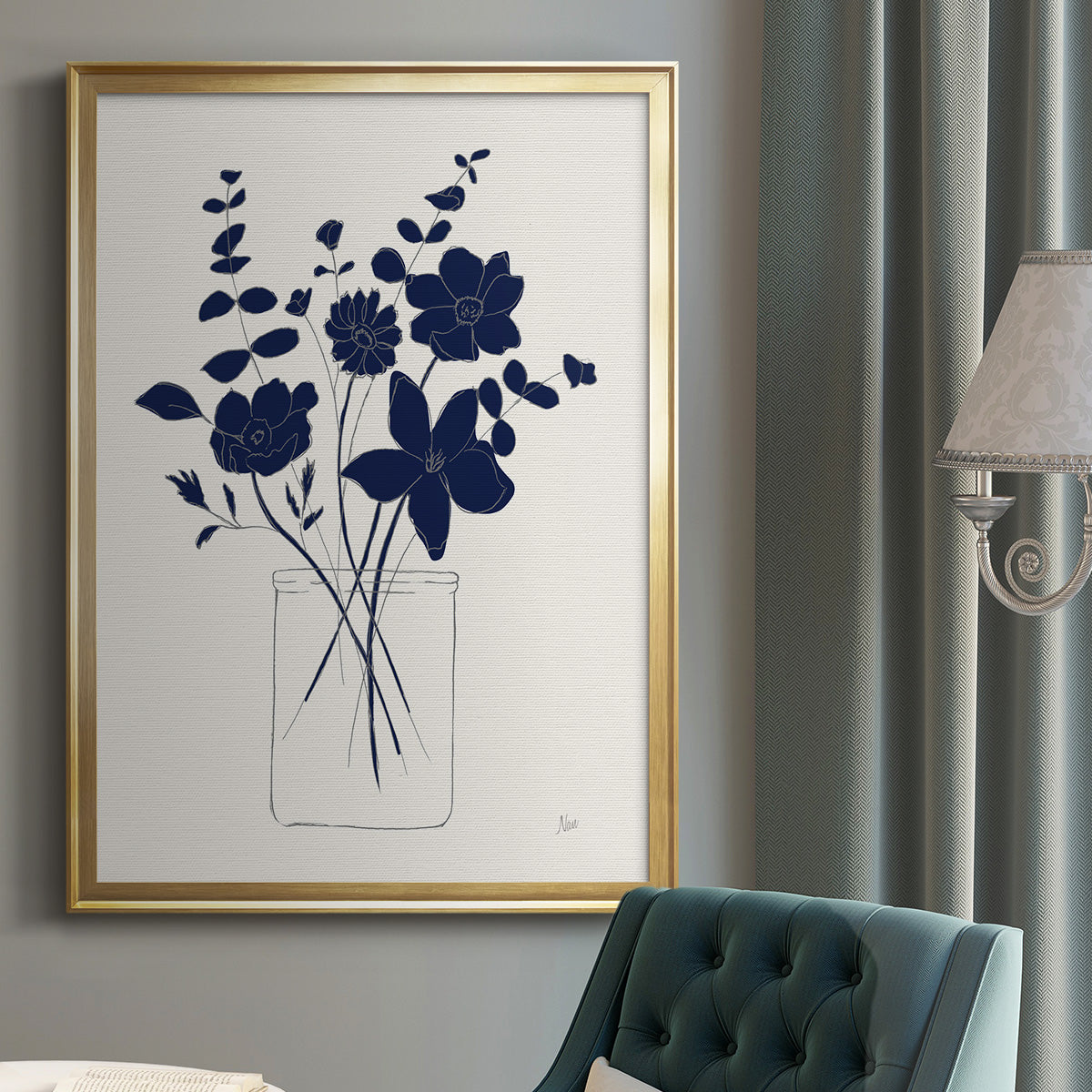 Indigo Sketch Bouquet I - Modern Framed Canvas Print