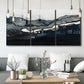 Three-panel canvas wall art featuring abstract passage of time composition, displayed in a modern living room above seating.